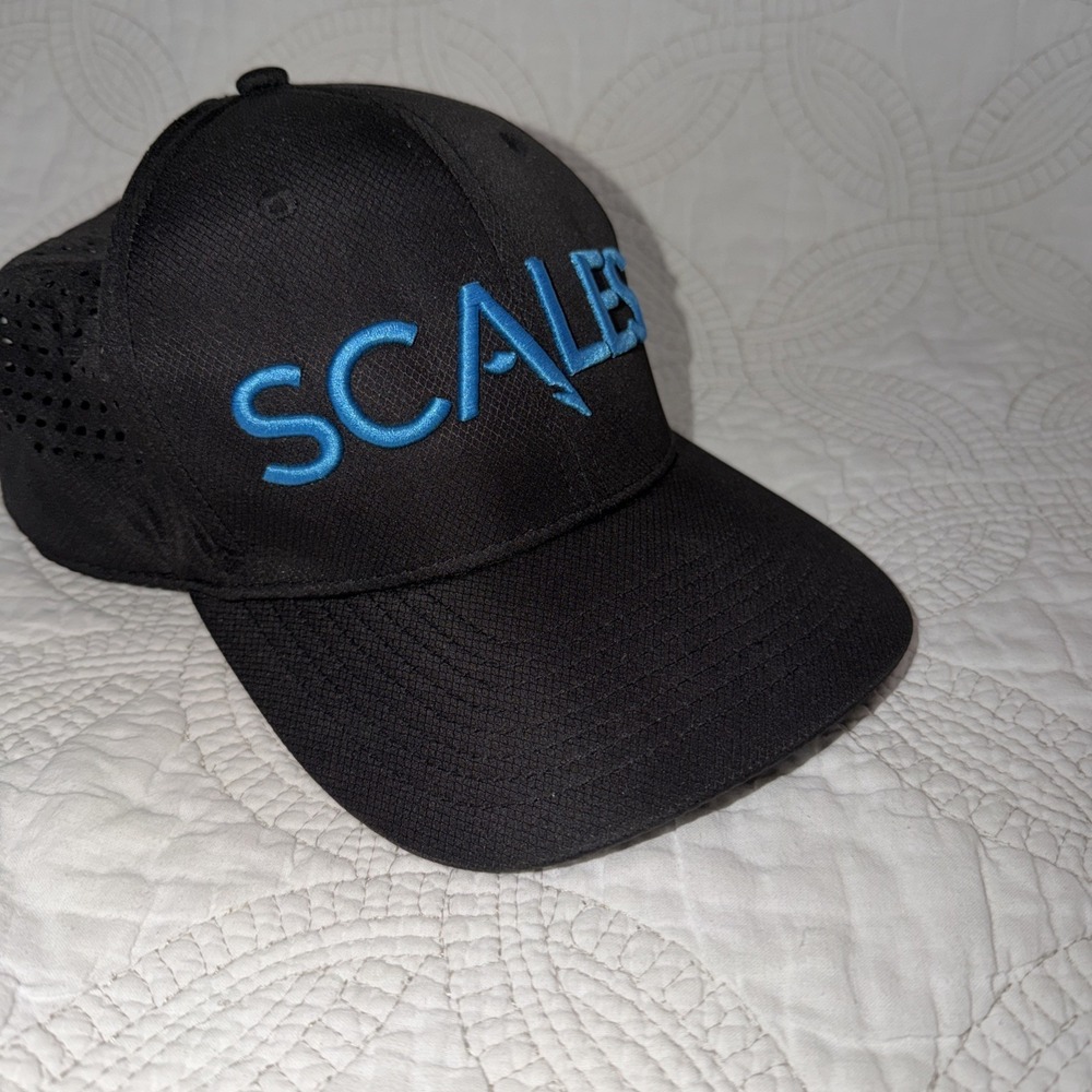 SCALES‎ Fishing Hat Cap Flat Bill Black Blue Men's Snapback Trucker Mesh Back